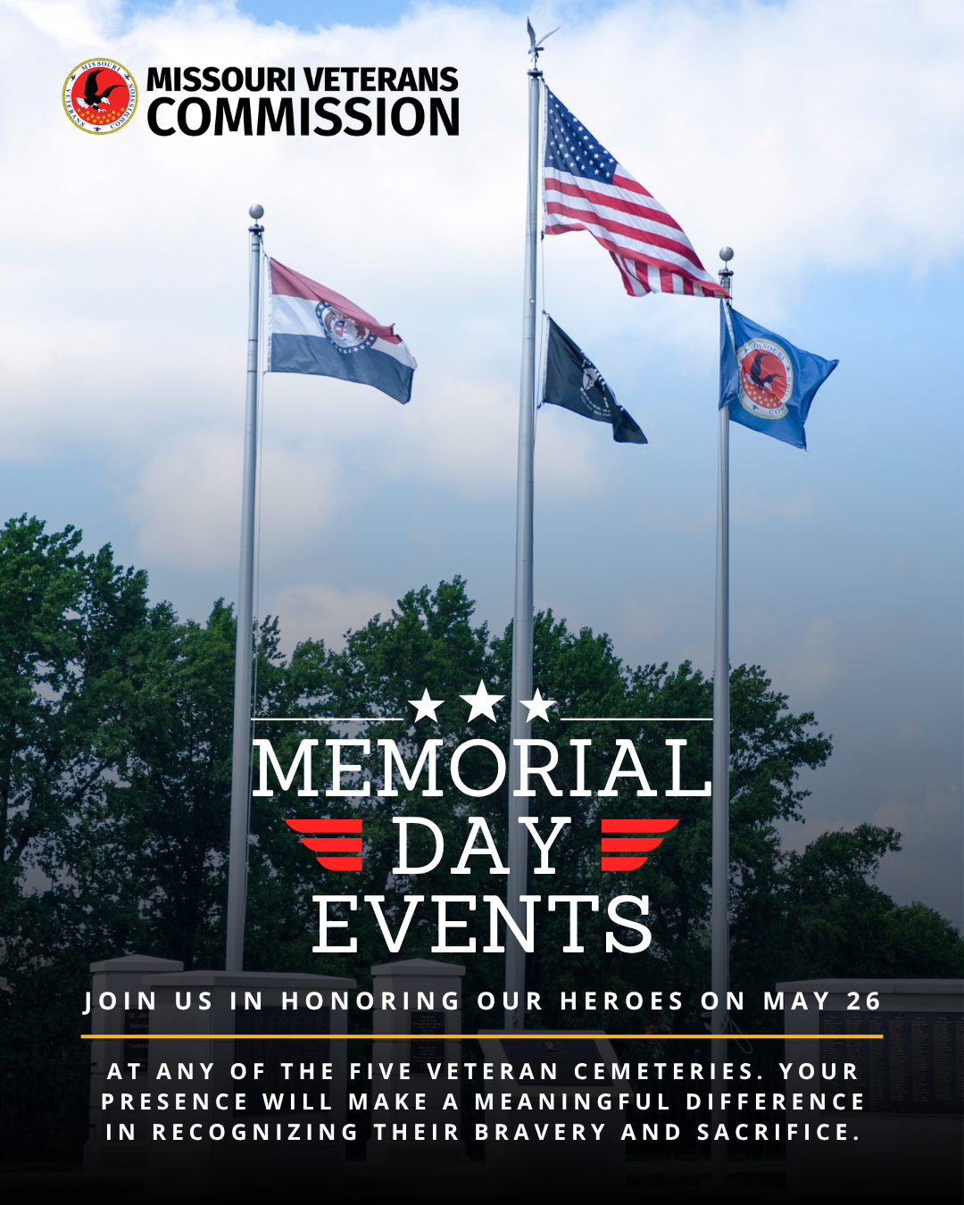 Missouri Veterans Cemeteries are hosting Memorial Day Events at each Cemetery on May 25, 2026